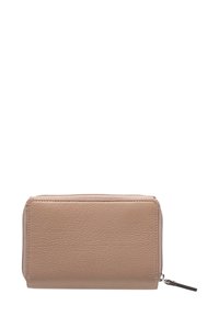 Tegenleren portemonnee met een gestructureerd oppervlak, rechthoekige vorm en ritssluiting; beschikt over een klein metalen trekhaakje op de ritssluiting.