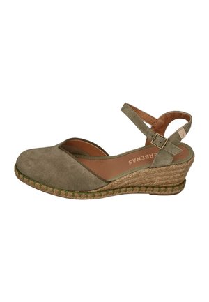 Single olive green suede wedge sandal with ankle strap and buckle, featuring braided jute sole and rounded closed toe.