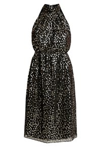 Černé bezrukávové šaty s halter výstřihem, pokryté metalickým stříbrným čtvercovým vzorem a s nařaseným pasem.