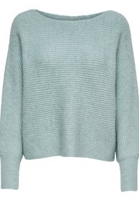 Hellblauer, gestrickter Pullover mit weitem Ausschnitt, gerippter Textur und langen Ärmeln. Verfügt über eine lockere Passform und ein weiches Material.