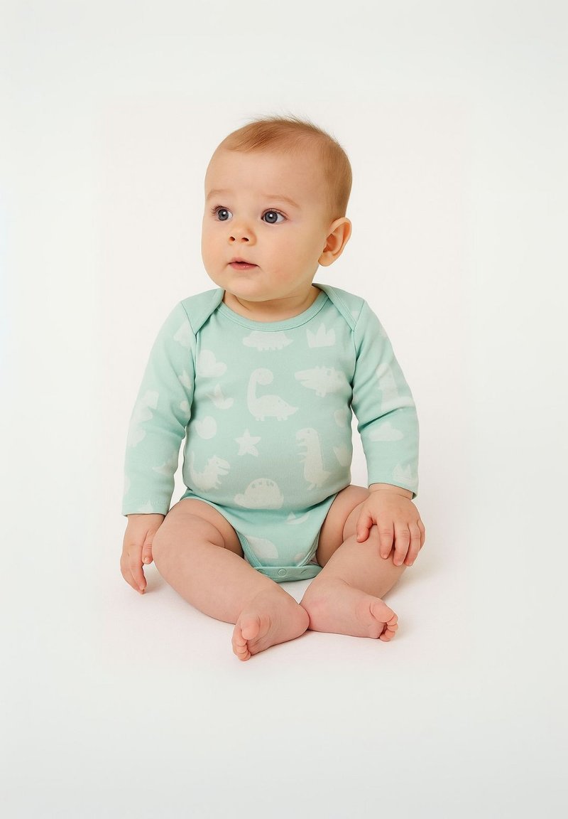 Bodysuit dugih rukava u mint zelenoj boji s uzorcima dinosaura u svjetlijim nijansama, od mekog materijala, s gumbima na dnu.