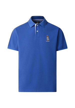 Blue short-sleeve polo shirt with two white buttons and a small embroidered bear wearing a striped shirt on the left chest.
