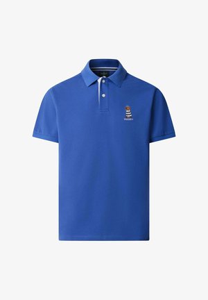 Blue short-sleeve polo shirt with two white buttons and a small embroidered bear wearing a striped shirt on the left chest.