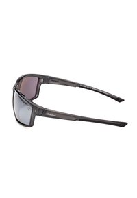 Occhiali da sole con montatura in plastica nera, lenti grigie e forma rettangolare. Presentano il marchio Timberland sulle astine.