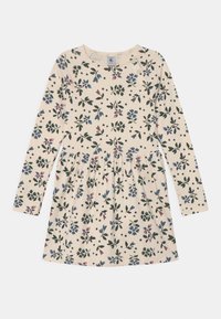 Abito a maniche lunghe in cotone crema, con un design floreale decorato da foglie blu e verdi, dettagli rosa e gonna arricciata.