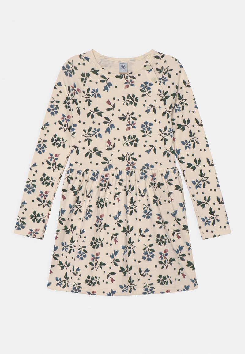 Abito a maniche lunghe in cotone crema, con un design floreale decorato da foglie blu e verdi, dettagli rosa e gonna arricciata.