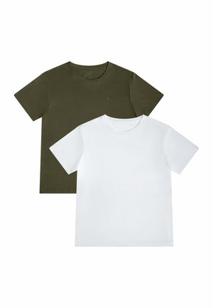 Twee effen korte mouwen T-shirts met ronde hals, één donkergroen achter één witte, plat gelegd op een witte achtergrond.