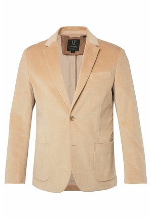Beige corduroy blazer met notch-lapels, een enkele knoopsluiting, twee voorzakken en een subtiele gestreepte textuur. Voering aan de binnenkant.