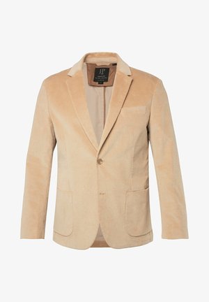 Beżowa marynarka z korduroju z klapami typu notch, pojedynczym zapięciem na guzik, dwiema przednimi kieszeniami oraz subtelną teksturą w paski. Podszewka wewnętrzna.