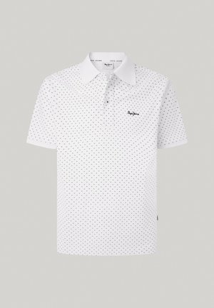 Biely polo tričko s golierom, s malým čiernym trojuholníkovým vzorom a diskrétnym logom na ľavej hrudi. Materiál z bavlnenej zmesi.