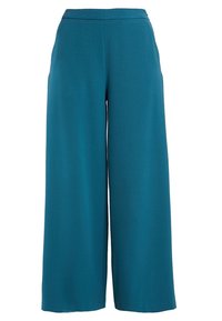 Teal vida byxor med vida ben i mjukt tyg. Hög midja, flödande passform och inga synliga mönster eller hårdvarudetaljer.