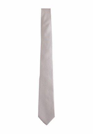 Light gray necktie with a small repeating black and red dot pattern, laid flat on a white background.