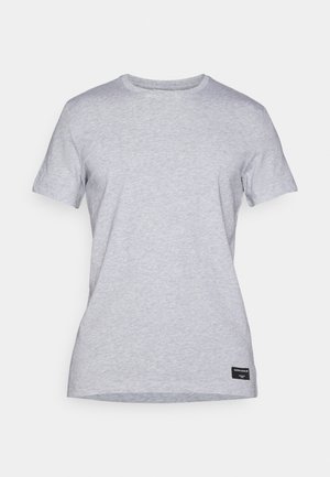 Short-sleeve gray T-shirt made of soft cotton, features a crew neckline and a small branding label at the bottom left hem.