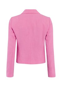 Pink tailored blazer with a fitted silhouette, long sleeves, and a notch collar. Made from smooth fabric with a clean, simple design.