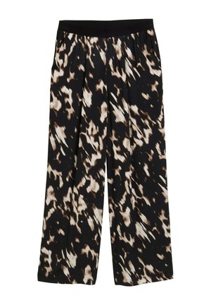 Pantaloni a gamba larga in tessuto nero con un motivo astratto marrone e crema. Vita elastica con pieghe, texture liscia.