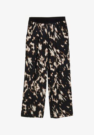Bredde ben bukser i et sort stof med et brunt og cremefarvet abstrakt mønster. Elastisk talje med plisseringer, glat tekstur.