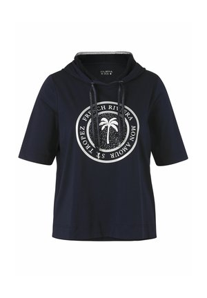 Marineblaue kurzärmelige Kapuzenjacke mit Kordelzug und weißem rundem Druck mit Palme und Text: Französische Riviera, St. Tropez, Mon Amour.