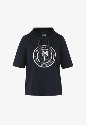 Marineblauwe korte mouw hoodie met trekkoorden en witte ronde print met een palmboom en tekst: French Riviera, St. Tropez, Mon Amour.