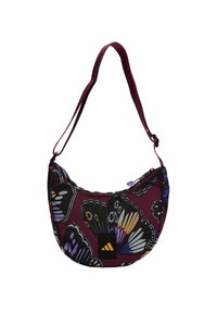 Burgundy shoulder bag with butterfly print. Made of fabric, features a zipper closure and an adjustable strap. Black logo patch included.