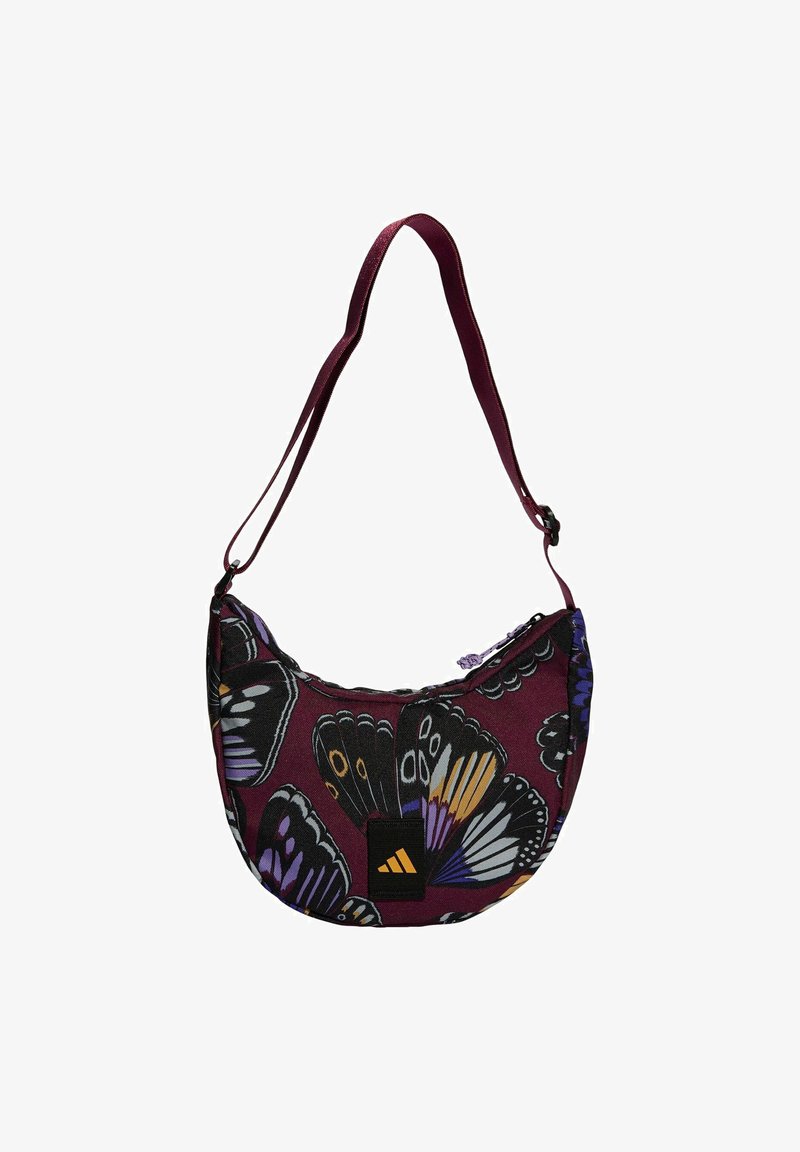 Burgundy shoulder bag with butterfly print. Made of fabric, features a zipper closure and an adjustable strap. Black logo patch included.