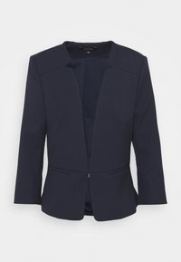 Blazer bleu marine au design structuré, manches longues, col sans revers et une fermeture frontale unique. Comprend deux poches latérales.