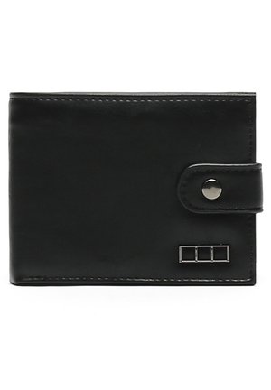 Black leather wallet with a smooth texture, snap closure, and metal accent featuring three horizontal rectangles. Compact and rectangular shape.