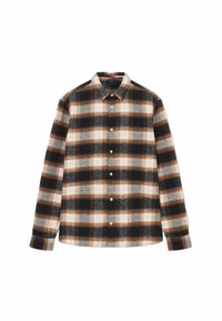 Brun, svart och grå rutigt flanellskjorta med knäppning, långa ärmar och spridd krage. Mjuk textur och regular fit-design.