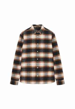 Bruine, zwarte en grijze geruite flanellen overhemd met knoopsluiting, lange mouwen en een gespreide kraag. Zachte textuur en regular fit ontwerp.