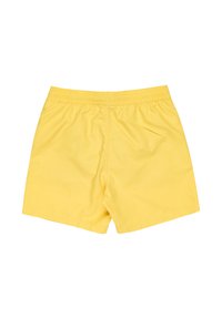 Geel zwemshorts met een elastische tailleband en twee zijzakken. De stof lijkt glad met een matte afwerking en zonder zichtbare patronen.