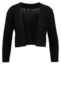 Cardigan noir court à manches longues, design à ouverture sur le devant, texture côtelée et tissu doux, idéal pour superposer sur différentes tenues.