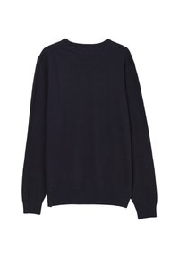 Dunkelblauer Pullover mit langen Ärmeln, geripptem Ausschnitt und Bündchen. Glatte Textur und einfaches Design, ohne Muster oder Verzierungen.