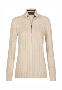 Cremefarvet zip-up sweater med kabelstrikdesign, høj krave og ribbede manchetter og kant. Blød tekstur med detaljerede mønstre.