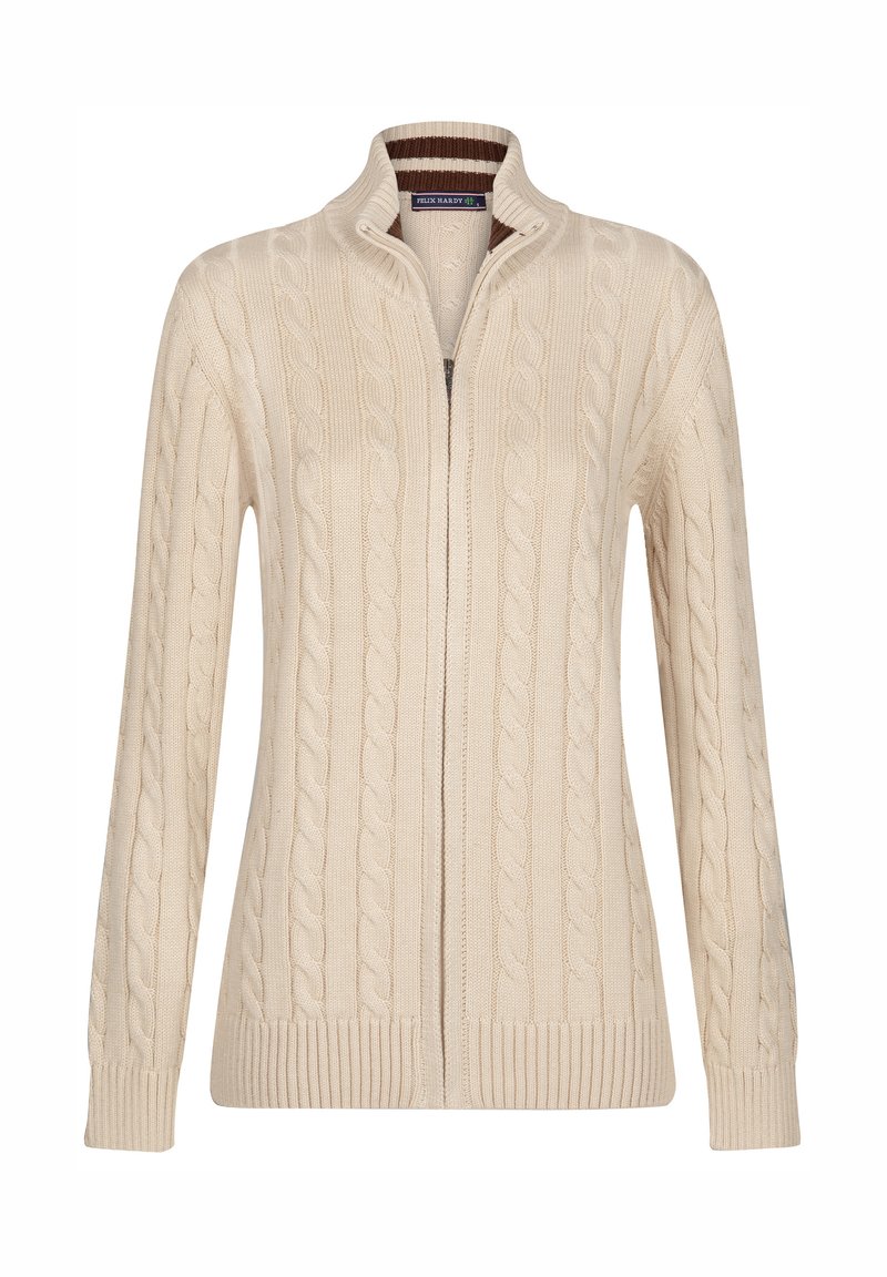 Cremefarvet zip-up sweater med kabelstrikdesign, høj krave og ribbede manchetter og kant. Blød tekstur med detaljerede mønstre.