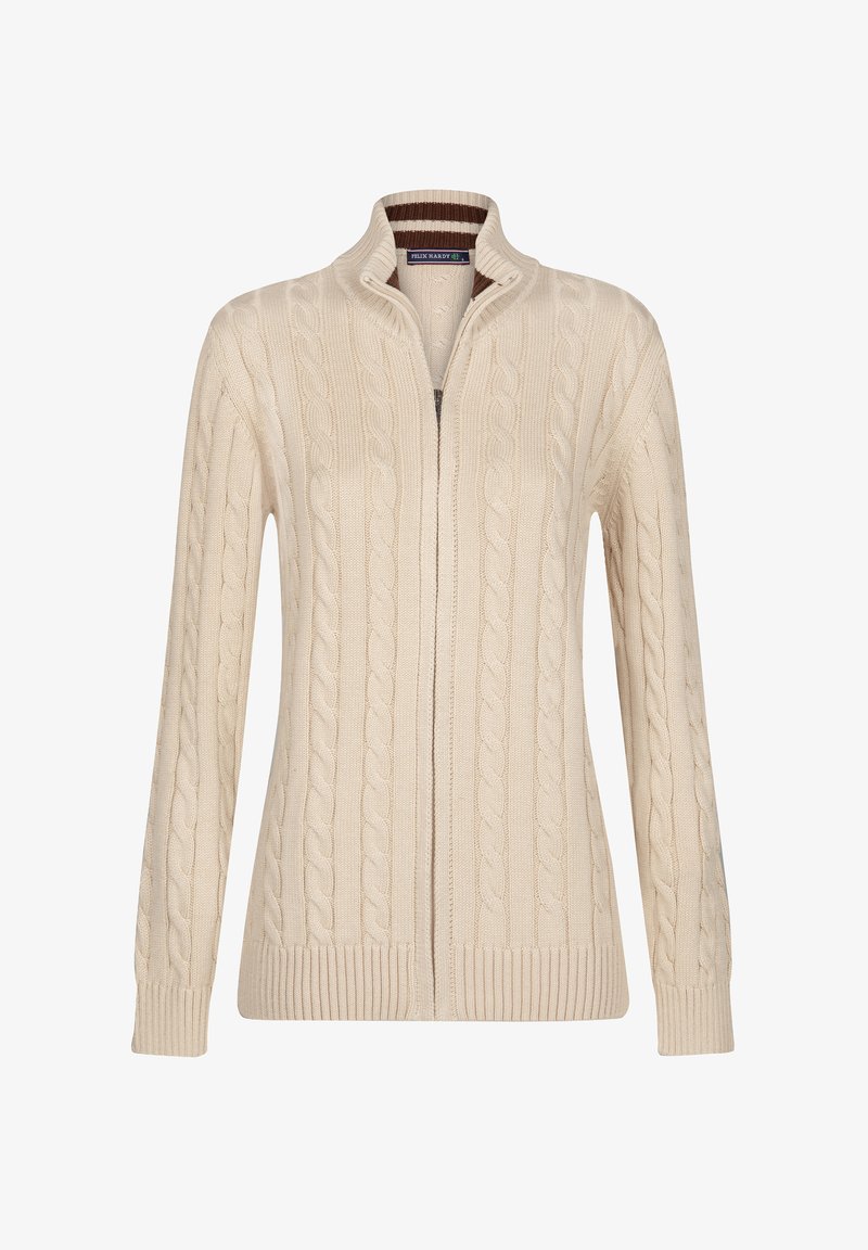 Gilet zippé de couleur crème avec un design en tricot à torsades, un col montant et des poignets et un ourlet côtelés. Texture douce avec des motifs détaillés.