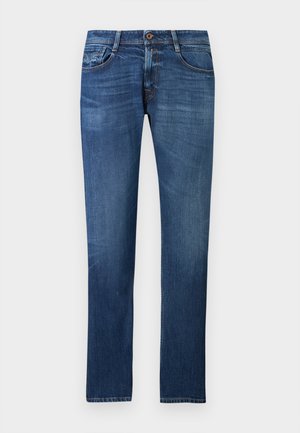 Blåa jeans av denim med en klassisk rak design, fem fickor och kontrasterande orange sömmar på sömmarna.