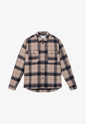 Beige en zwarte geruite flanellen blouse met lange mouwen, knoopsluiting aan de voorkant, twee borstzakken en een afgeronde zoom. Zachte textuur, klassiek ontwerp.