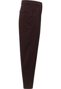 Burgundy trousers with a tailored fit, zip fly, single back pocket, and textured fabric. Straight-leg design with no visible patterns or accents.