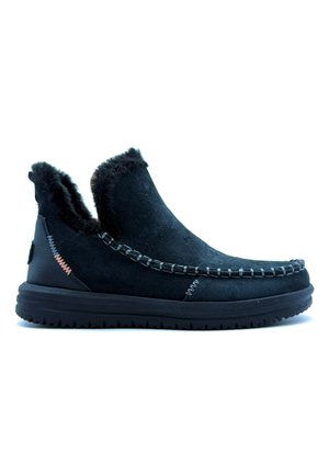 Stivaletti neri in suede con fodera in finta pelliccia, cuciture in risalto e suola in gomma, dotati di punta arrotondata e design curvato.