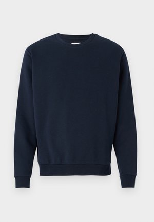 Marineblaue Baumwollsweatshirt mit Rundhalsausschnitt, langen Ärmeln und gerippten Bündchen und Saum. Glatte Textur, minimalistisches Design, keine sichtbaren Logos.