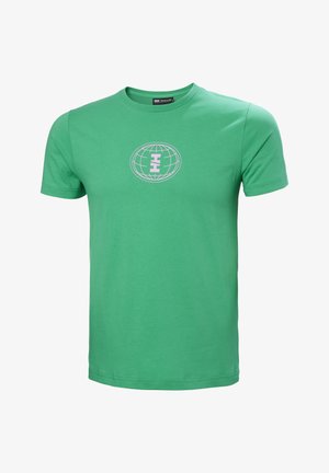 Zielona bawełniana koszulka z okrągłym dekoltem i krótkimi rękawami, z jasnoróżowym graficznym globusem umieszczonym na środku klatki piersiowej.