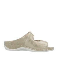 Open-toed slide sandal in metallic gold, featuring textured sides and a white sole. Smooth upper with stitching detail and cutout design.