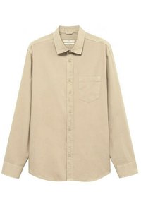 Chemise beige à manches longues avec boutons, en tissu lisse, dotée d'un col et d'une poche poitrine. Design simple avec une coupe décontractée.