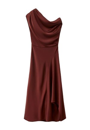 Asymmetric burgundy satin midi dress with one shoulder, draped neckline, and subtle gathered detail on the skirt side.
