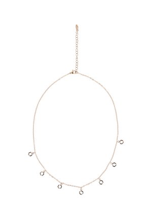 Delicate gouden ketting met zes kleine hexagonale bedels die gelijkmatig langs de ketting zijn verdeeld en een verstelbare sluiting.