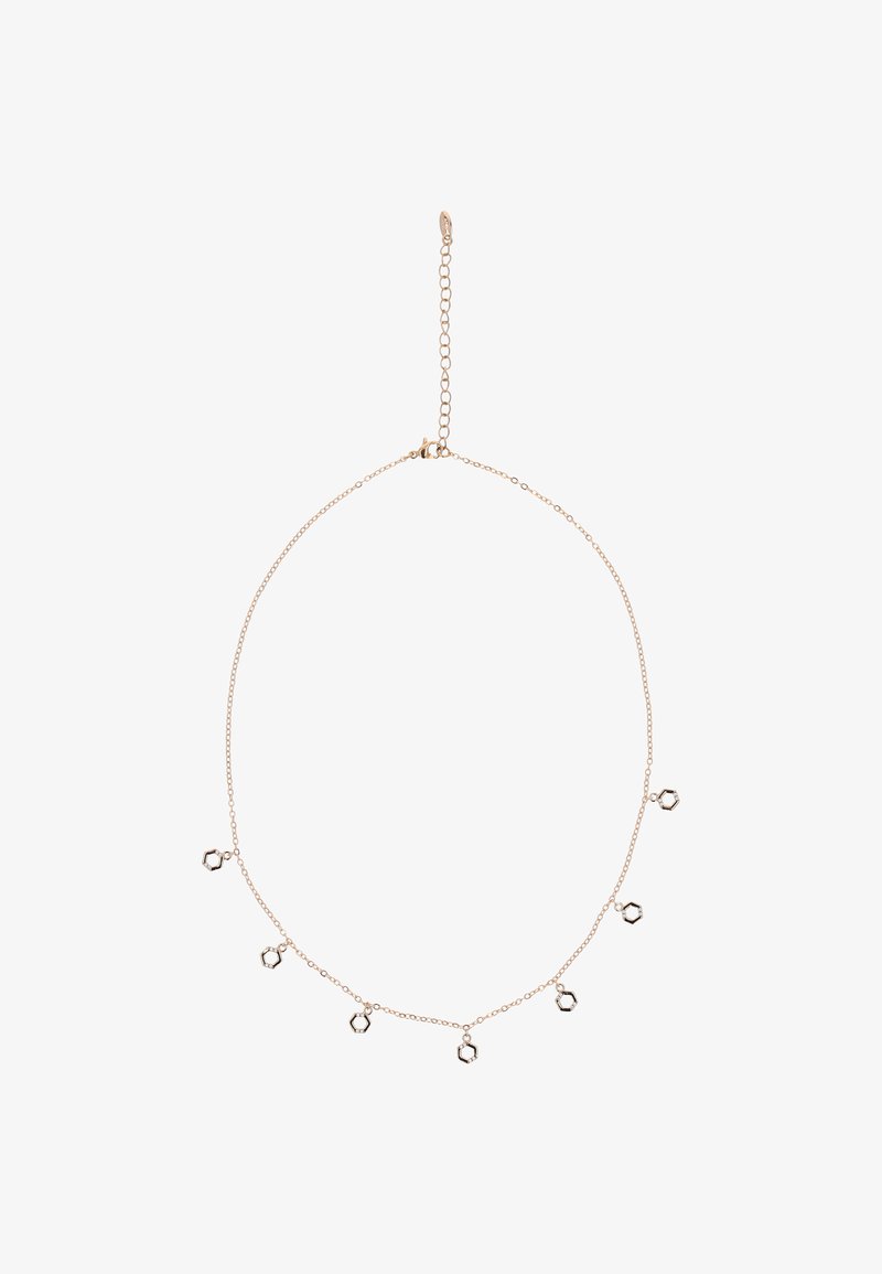 Delikat guld kædehalssmykke med seks små sekskantede charms jævnt fordelt langs kæden og en justerbar lås.