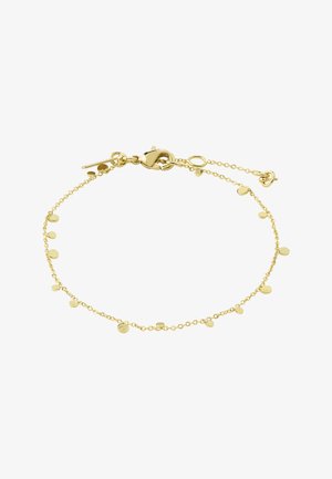 Delicate gold chain bracelet with small round disc charms evenly spaced, featuring a lobster clasp and adjustable length extension.