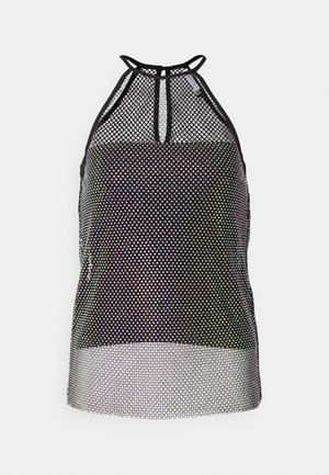 Schwarzes Netz-Haltertop mit einem gemusterten Design, ausgestattet mit verstellbaren Nackenbändern und einem einfarbigen unteren Abschnitt. Die Textur ist leicht und atmungsaktiv.