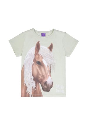 Light beige children's t-shirt with a detailed graphic of a brown horse with a flowing white mane and "Miss Melody" text.