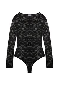 Black lace bodysuit featuring long sleeves, scoop neckline, intricate floral patterns, and snap closure at the bottom. Transparent texture.