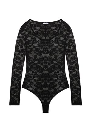 Schwarzer Spitzen-Bodysuit mit langen Ärmeln, runder Ausschnitt, komplizierten Blumenmustern und Druckknopfverschluss am Boden. Transparente Textur.